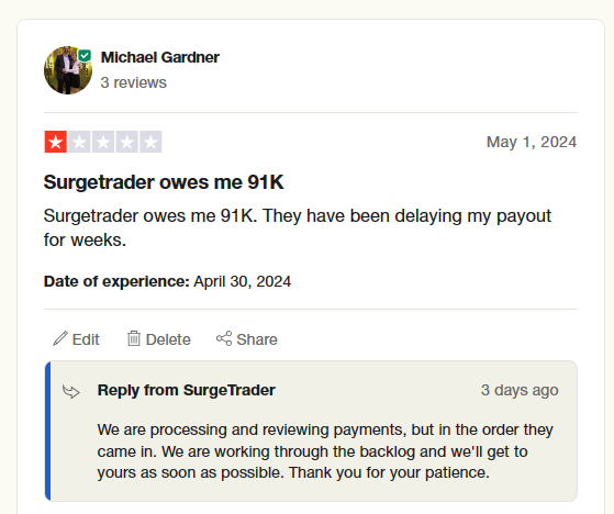 Looks like @SurgeTraderPro responded to my @Trustpilot review. 

Would you guys trust this? They still have not paid! 

#propfirms #trading #payout