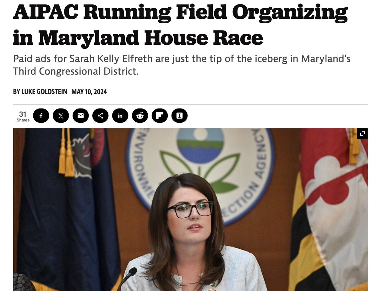AIPAC's meddling in #MD03 has expanded to hiring field organizers and phone bankers for Sarah Elfreth's GOTV. That's on top of the 4.2 million the PAC dropped on the race; over half of Elfreth’s contributions this filing period came from their network, mostly GOP donors.