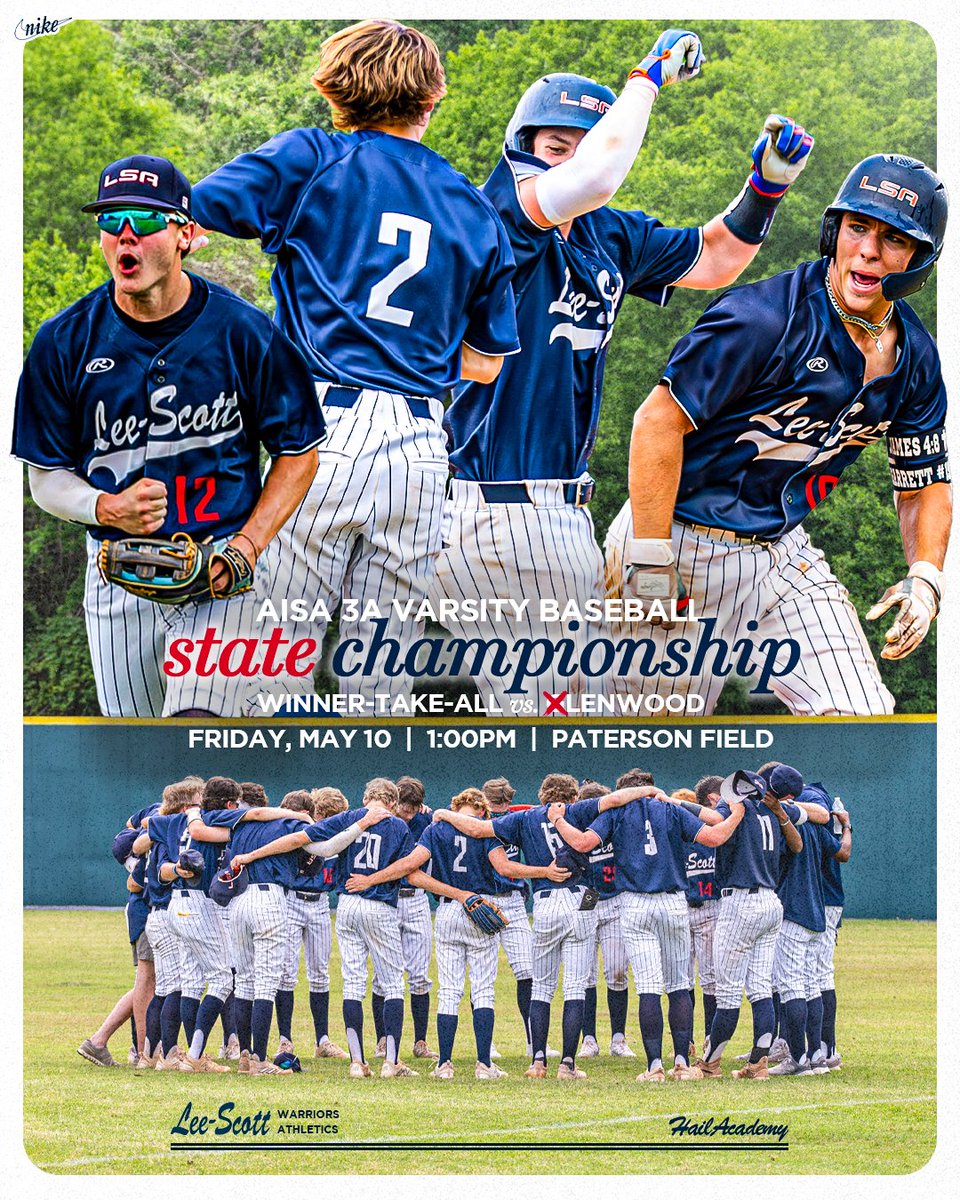 ❌𝗔𝗠𝗘𝗗𝗔𝗬, 𝗪𝗔𝗥𝗥𝗜𝗢𝗥𝗦! Winner. Take. All. ⚾️ vs. ❌lenwood 🏆 AISA 3A State Championship 🏟️ Paterson Field (Mont., Ala.) 🕙 1pm 💻 Lee-Scott Sports Network 📻 Tiger Country 104.5 🎟 S2 Pass App (search AISA) #HailAcademy🍢