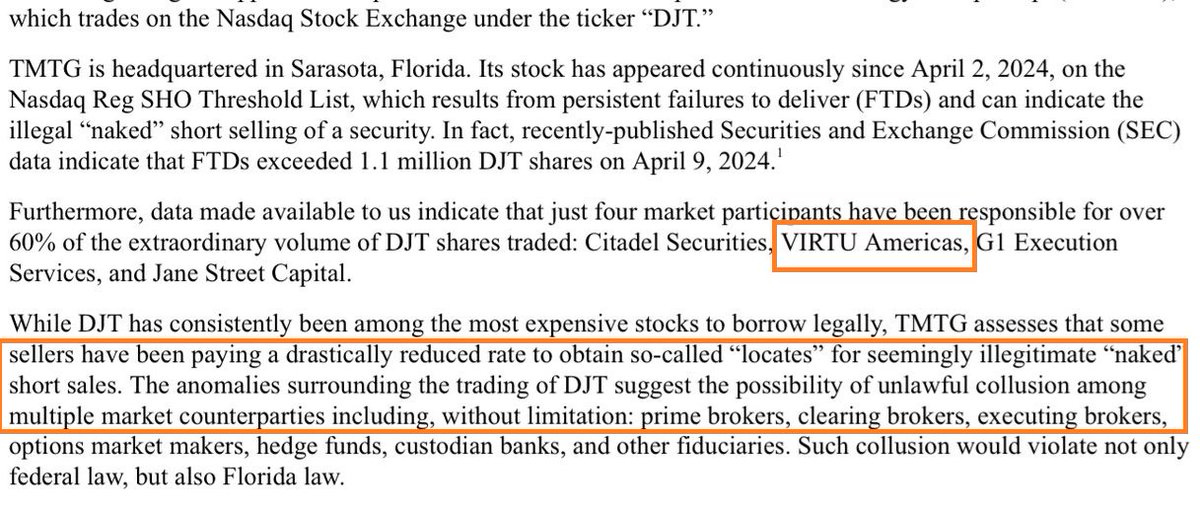 While tweeting, Doug Cifu is the CEO of a $3.5 billion public Market Maker, which was recently CHARGED by the Securities & Exchange Commission (SEC) and which is referenced below to the Attorney General of Florida by $DJT. Doug, is the below true? Pls let us know. Thank you!