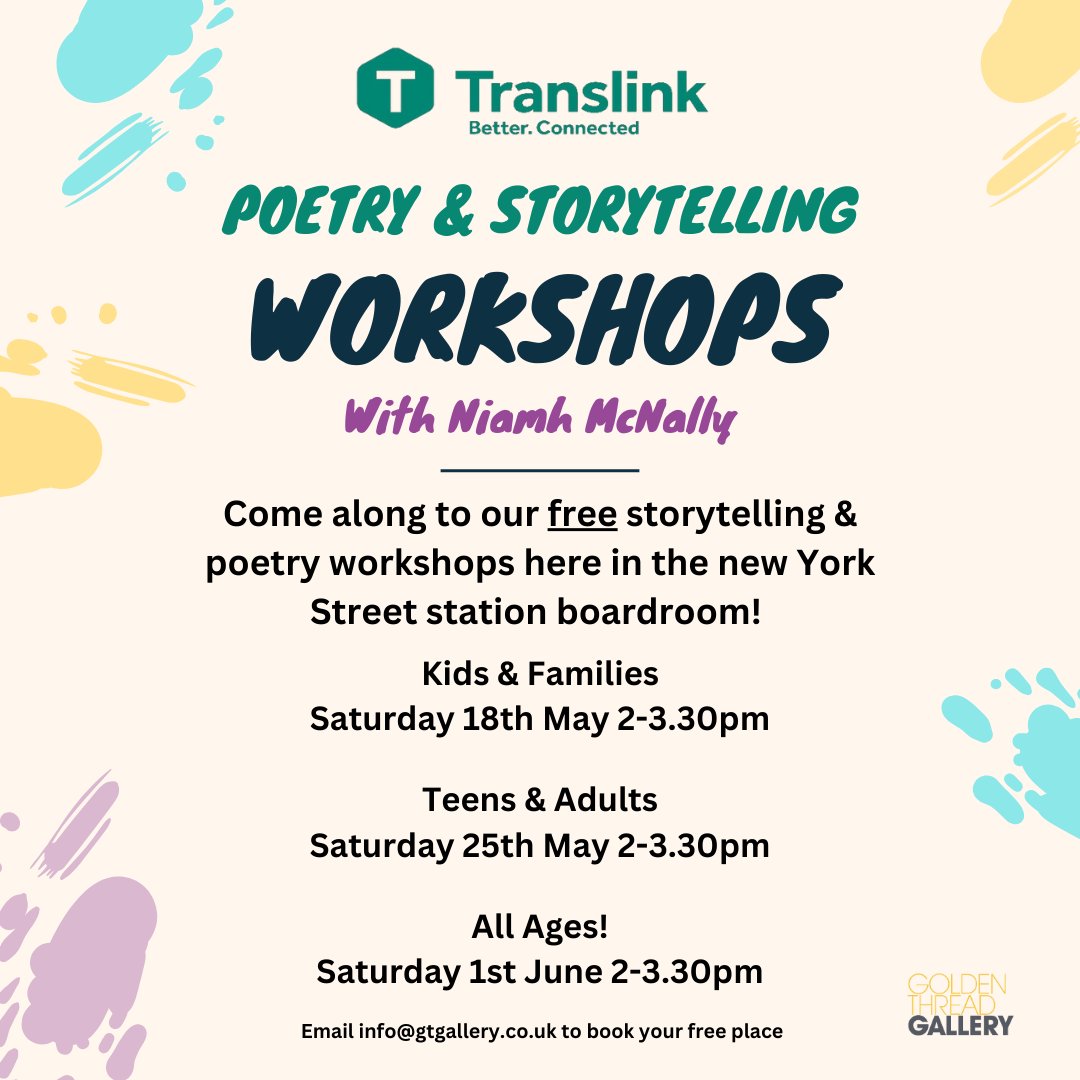 🚆FREE STORY WORKSHOPS🚄 We’re celebrating @Translink_NI York Street station this May & June with free creative activities for everyone! Our storytelling workshops with poet Niamh McNally are inspired by all the possibilities of travel. Email info@gtgallery.co.uk to book!