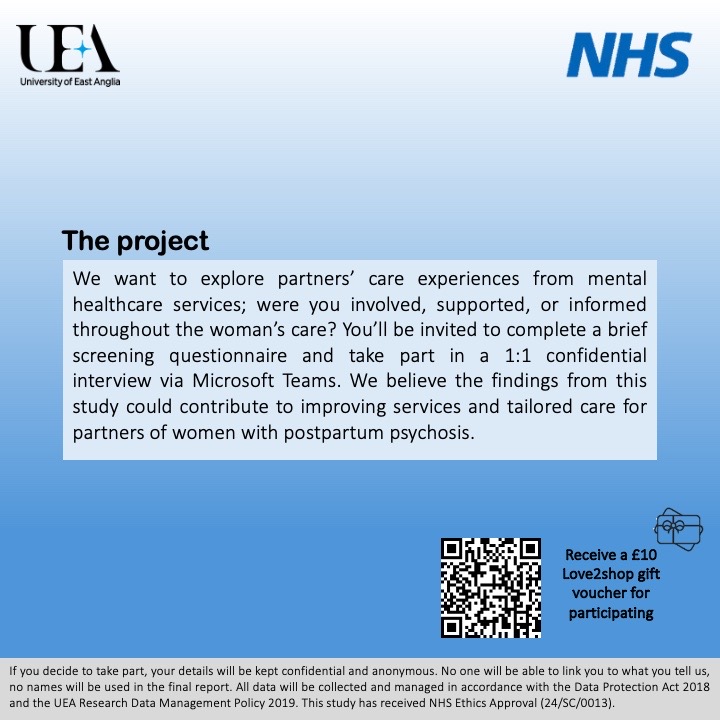 dadmattersuk's tweet photo. POSTPARTUM PSYCHOSIS STUDY:
DADS AND PARTNERS,
can you help?
@uniofeastanglia
Scan the QR code:
Or visit: https://t.co/Apxzltuml9 questionnaire
Or email the study researcher,
Emily Roxburgh, (e.roxburgh@uea.ac.uk) for more information. https://t.co/oaHUzDWyRi