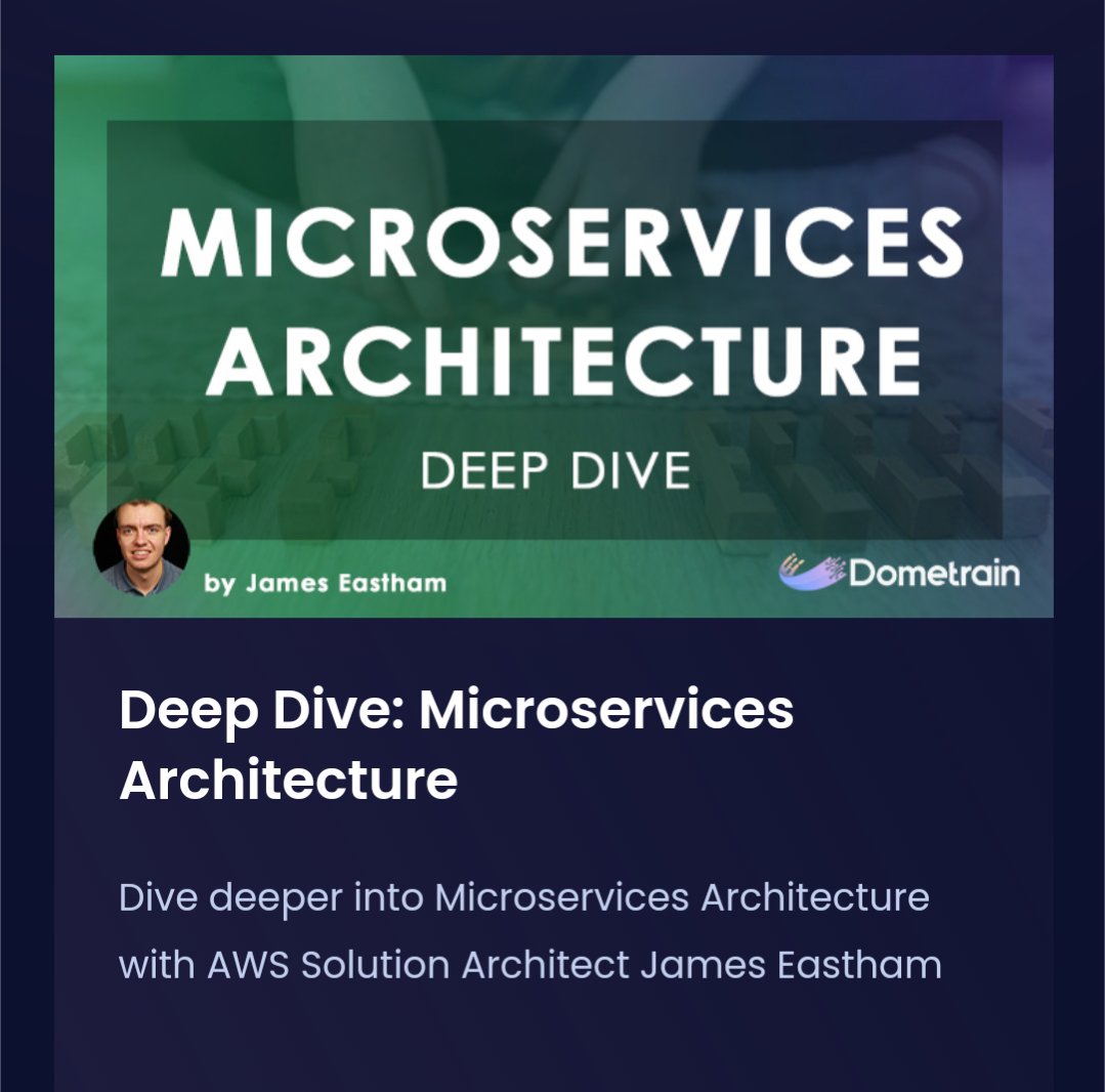 Incredibly excited to announce my new course on @dometrain. A deep dive into #microservices. A follow on to my first course, this one filled with code samples. Best of all, buy the course now and you'll get my first course completely free. #dotnet dometrain.com/course/deep-di…