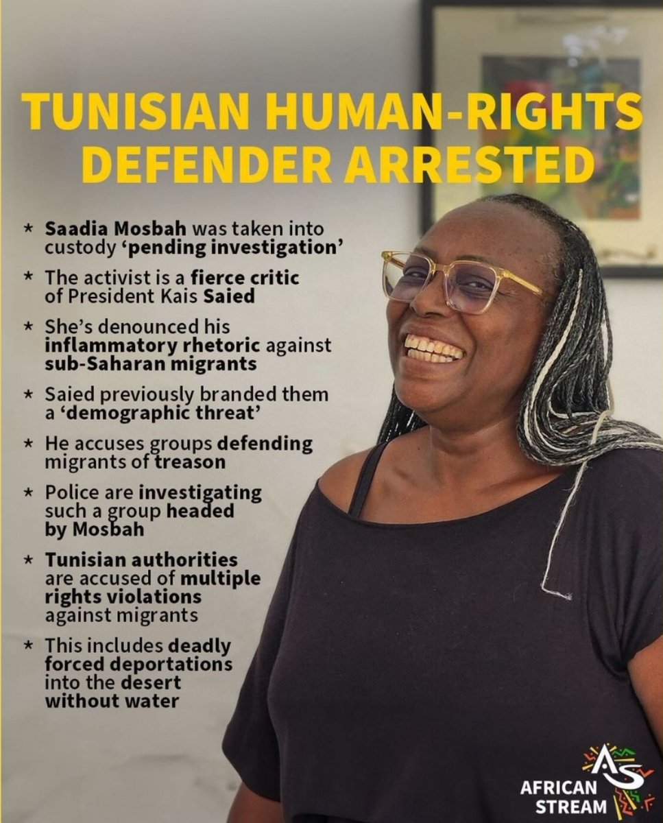 #FreeSaadia qui se bat depuis des années contre la négrophobie et pour les droits mogrant-es sub-saharien-es en Tunisie. Elle est accusée par le President de trahison et de contribuer au 'risque démographique' @moyoafrika