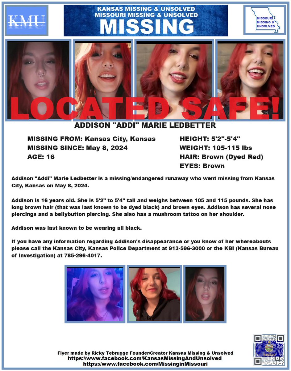 ADDISON HAS BEEN #LOCATED SAFE!!! THANK YOU TO ALL WHO SHARED HER FLYER!!! #MISSINGPERSON #MISSING @AnnetteLawless #KansasMissing #MissingInKS #Kansas #KansasCity