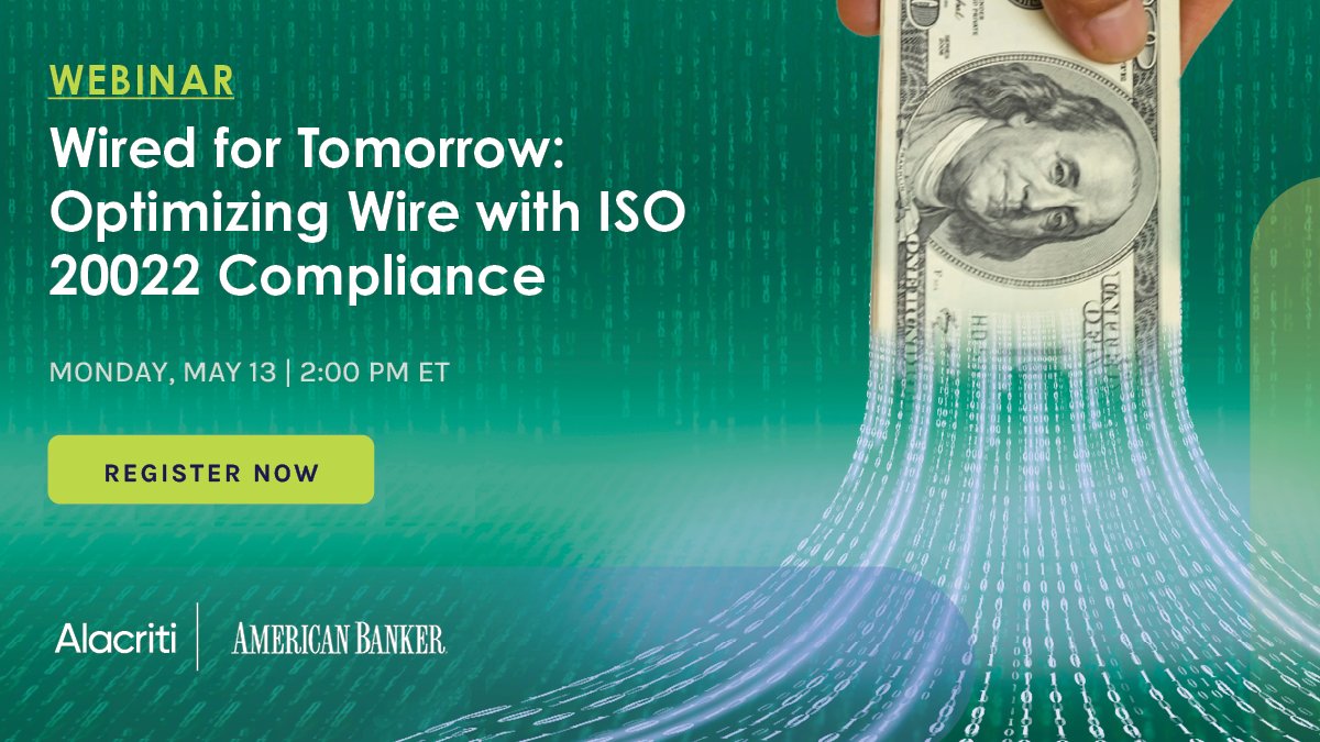 The #ISO20022 message format requirement for the Fedwire Funds Service = an excellent opportunity to modernize your #bank’s wire transfer capabilities. Learn more during Monday's @amerbanker-hosted #webinar. Register now: hubs.ly/Q02w1HYx0
