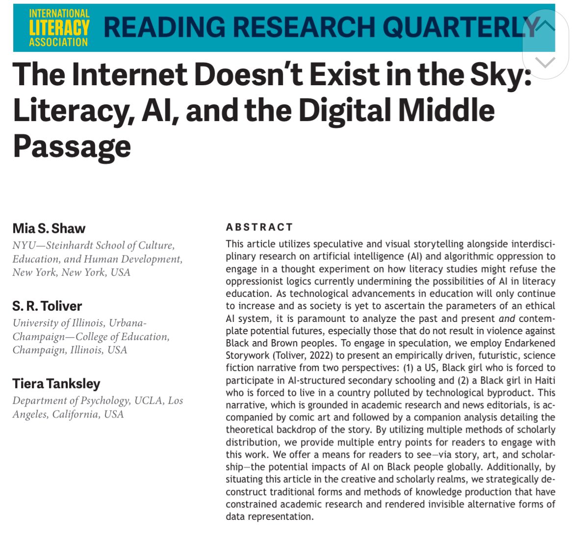 Sooooo excited that @MiaSShaw, @DrTanksley, & my article is out (early view) in #RRQ! Title: The Internet Doesn’t Exist in the Sky: Literacy, AI, & the Digital Middle Passage (#AI, #Literacies, #DigitalLiteracies) Here’s the #ResearchIn10! Link below: onlinelibrary.wiley.com/share/author/D…