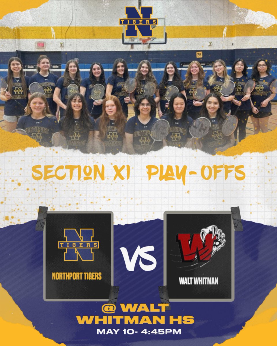 Northport Varsity Girls Badminton will travel to play Walt Whitman HS in the Section XI Quarter-Finals, today at 4:45pm. Lets go Tigers!