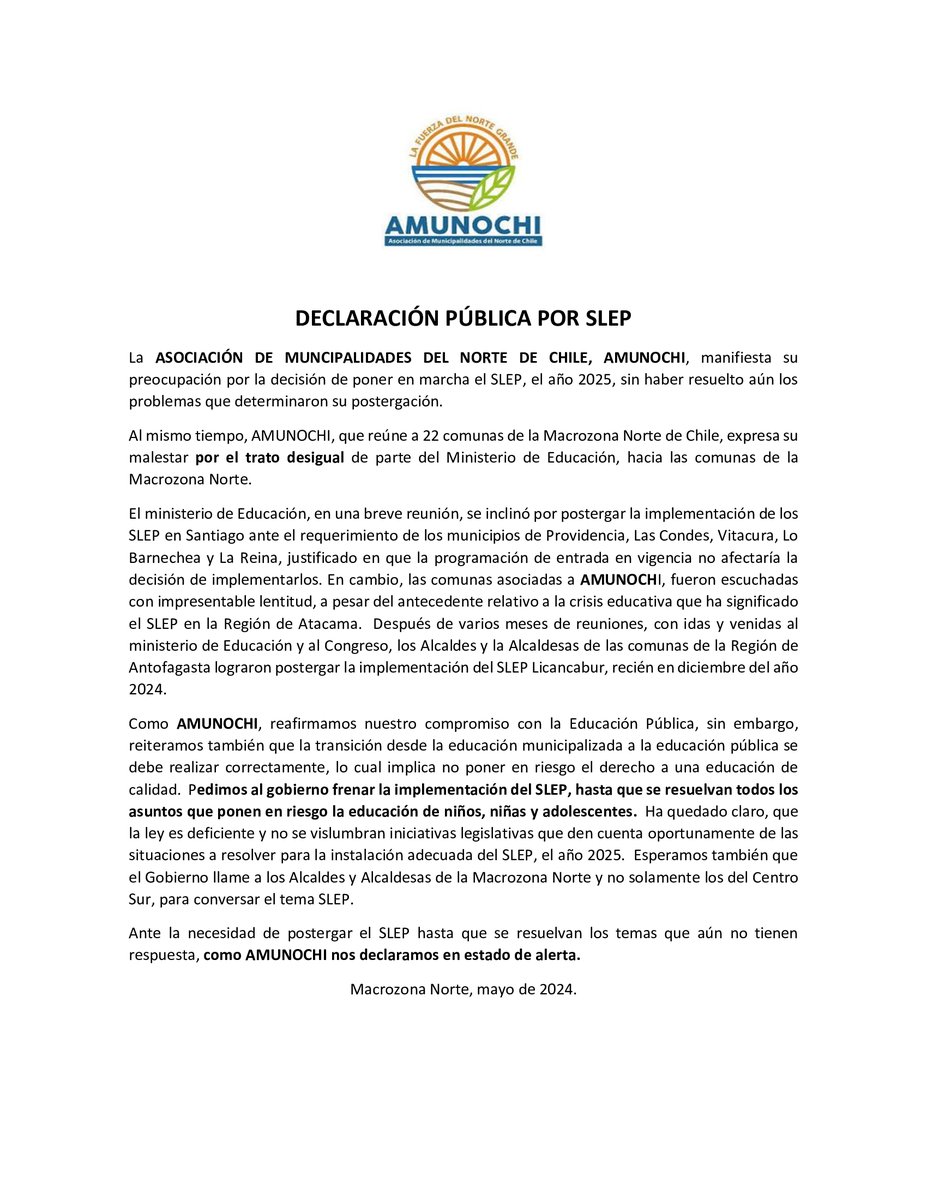 📷Declaración pública de AMUNOCHI por decisión de poner en marcha el año 2025 el SLEP, sin resolver los problemas de fondo.
#Iquique #AltoHospicio #Antofagasta #caldera #Calama #vallenar
#DiegodeAlmagro #Punitaqui #mariaelena #Mejilllones #SierraGorda #Ollague #Arica #lahiguera