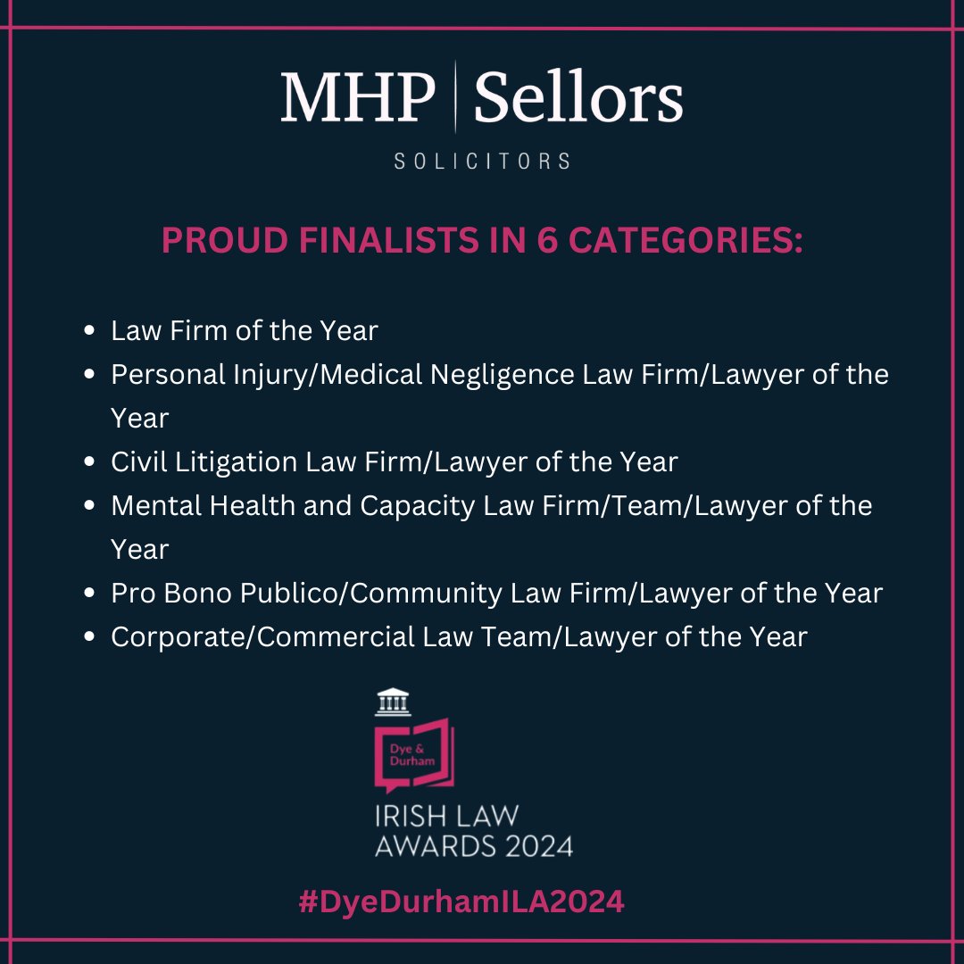 Thrilled to learn that @mhpsolicitors have been announced as finalists in a total of 6 categories for the @IrishLawAwards 🎉🏆 Kudos to our fantastic team. We are honoured to be among such esteemed nominees. #IrishLawAwards #DyeDurhamILA2024 #Finalists #TeamEffort #MHPSellors