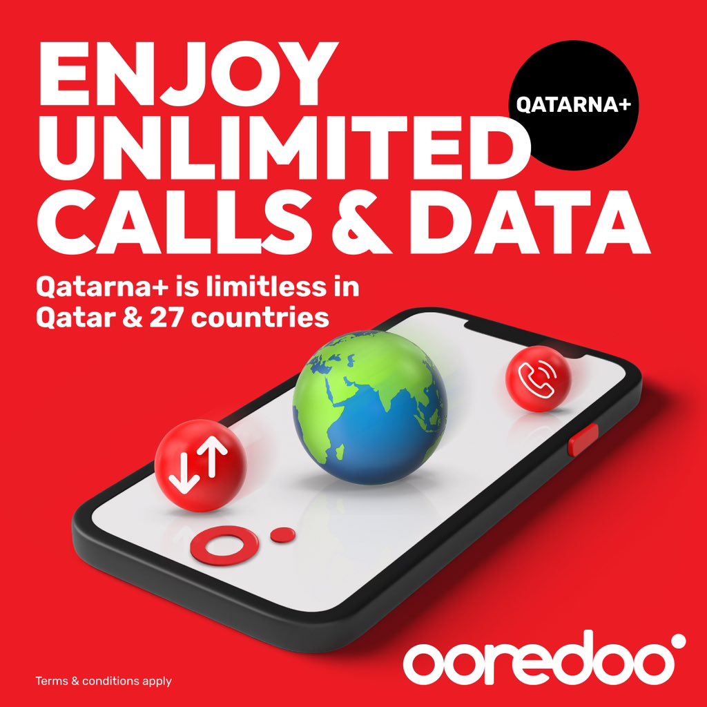 🔴
Experience the freedom of boundless connection with Qatarna+! Enjoy unlimited calls and data across Qatar and in 27 countries, including France, Italy, UK, USA and more. Subscribe now. For more details, visit ore.do/qatarna-en T&Cs apply.
#UpgradeYourWorld #Ooredoo