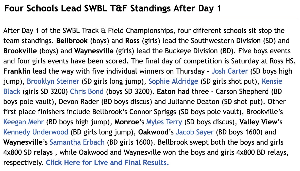 Four Schools Lead SWBL T&amp;F Standings After Day 1 swblsports.com/index.aspx <a href="/WDTN/">WDTN</a> <a href="/whiotv/">WHIO-TV</a> <a href="/daytondailynews/">Dayton Daily News</a> <a href="/ENQSports/">Enquirer Sports</a> <a href="/dayton247now/">Dayton 24/7 Now</a> <a href="/journalnews/">journalnews</a> <a href="/emowenjr/">Eddie Mowen Jr.</a> <a href="/ohiostatescott/">Scott Halasz</a> <a href="/Steven_Wright_/">Steven Wright</a> <a href="/jw_gilbert/">Jeff Gilbert ✏️</a> <a href="/EFrantzMP/">Eric Frantz</a> <a href="/skipweaver65/">Skip Weaver</a> @BCHSSReport <a href="/SWOSportsDaily/">Southwest Ohio Sports Daily</a> <a href="/JoeyDeBerardino/">Joey DeBerardino</a> <a href="/JackPohl/">Jack Pohl</a>