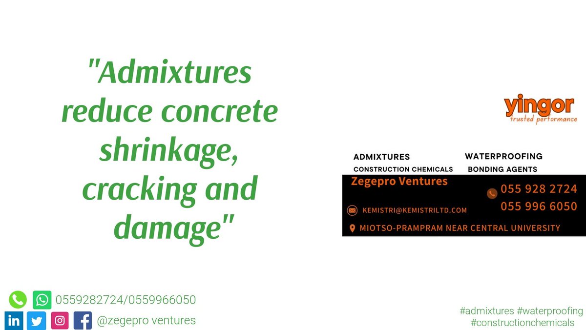 Admixtures reduce concrete shrinkage, cracking and damage. Contact us on 0559282724/0559966050 for your construction materials waterproofing chemicals. #waterproofing #concrete #concreteadmixtures #admixtures #constructionghana #constructionchemicals #ghana