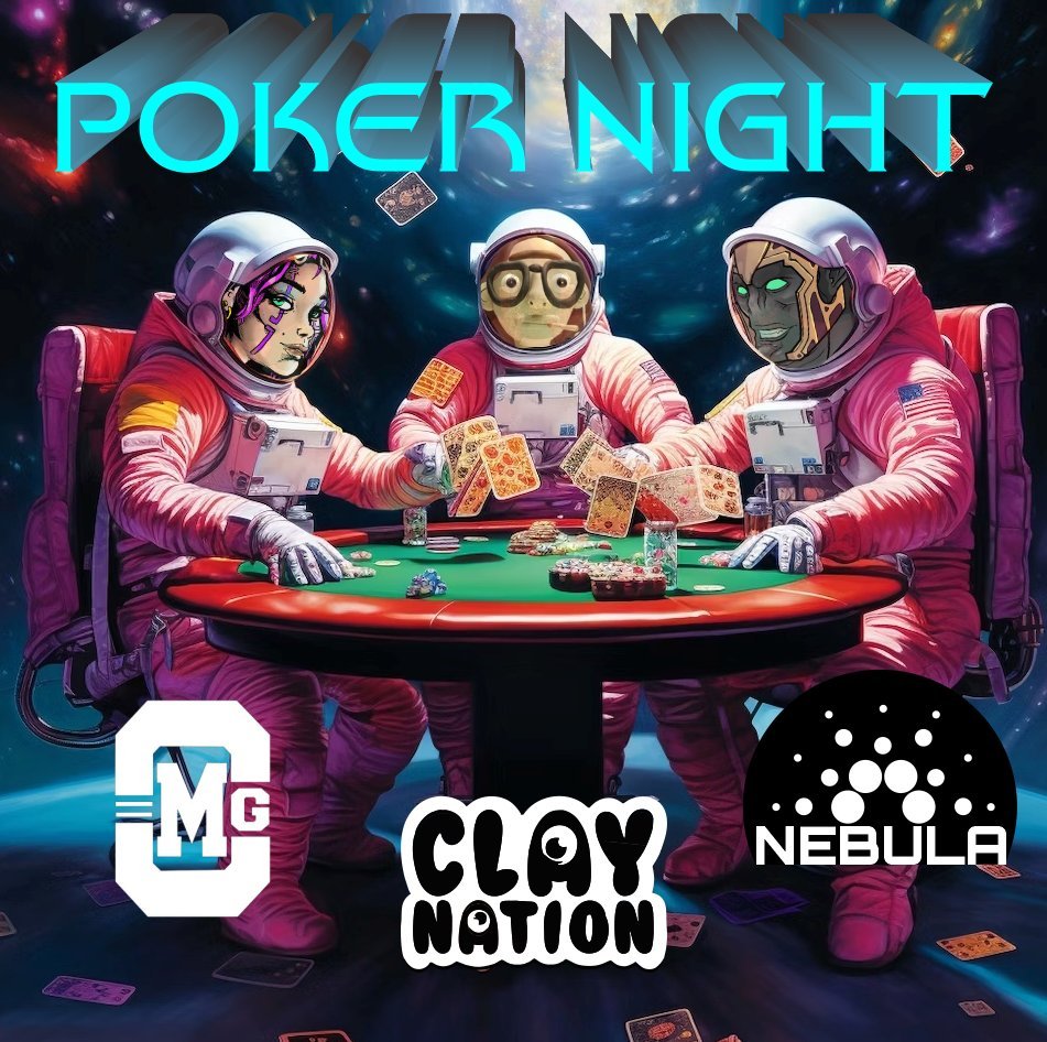 It's Friday and today's Poker is FREE with PRIZES! ✨
2pm EST  6pm UTC

1st -  1000 CLAY - 12.5K NEBULA + Club Mars NFT  
2nd   500   CLAY - 7.5K   NEBULA  
3rd    250   CLAY - 5K      NEBULA

Sign up here: pokernow.club/mtt/0510-fnp-c…