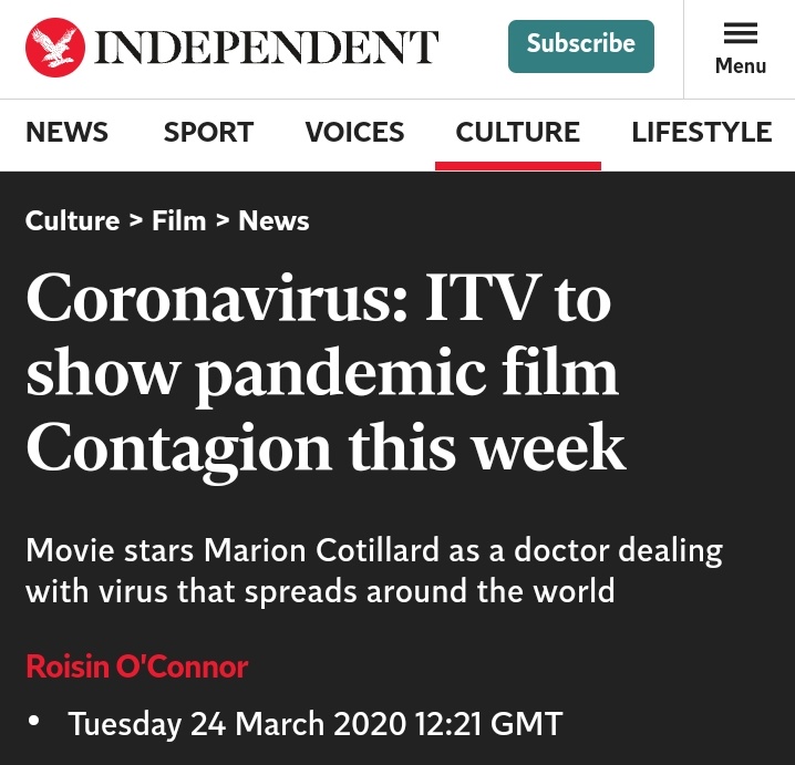 The public were terrified, locked down at home, and ITV decided to screen the movie Contagion & exploit them even more at the end of March 2020. Thats how you know this was one big psychological operation. These people are sick.