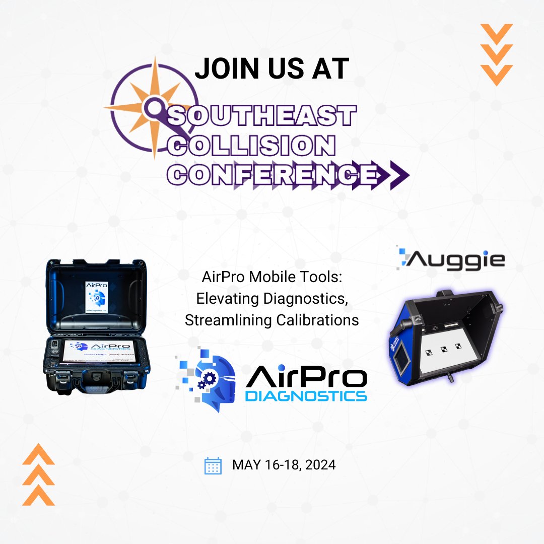 Join us at the South East Collision Conference in Greensboro, NC, from May 16-18. See AirPro in action with AUGGIE, setting the standard in remote diagnostics and ADAS solutions. Experience the cutting-edge of ADAS technology carolinascollisionassociation.com/scc-home/