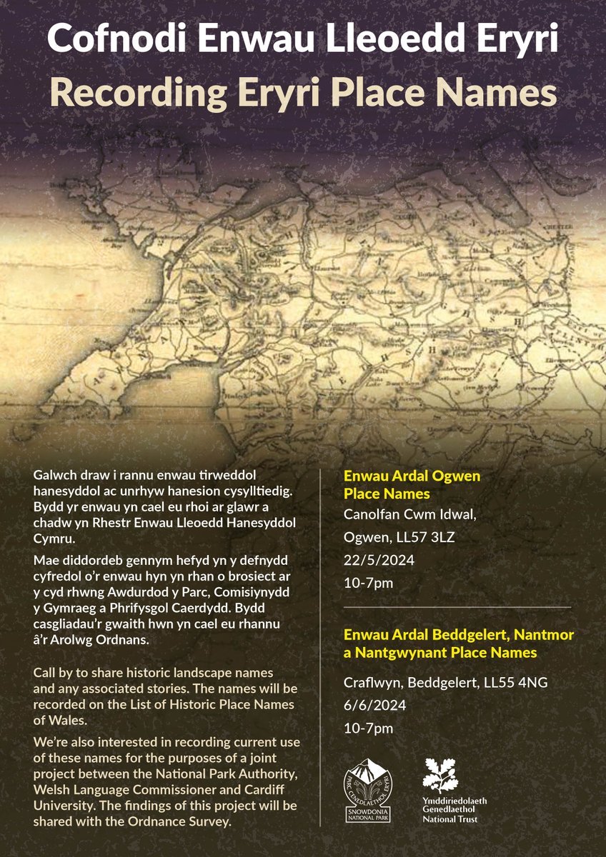 Recording Eryri Place Names: Share your knowledge on historic placenames and their associations! Our Historic Place Names officer will be taking part in 2 significant events with @eryrinpa & @nationaltrust on 22/5/2024 & 06/06/2024. @RC_EnwauLleoedd @RC_Survey @RC_Archive