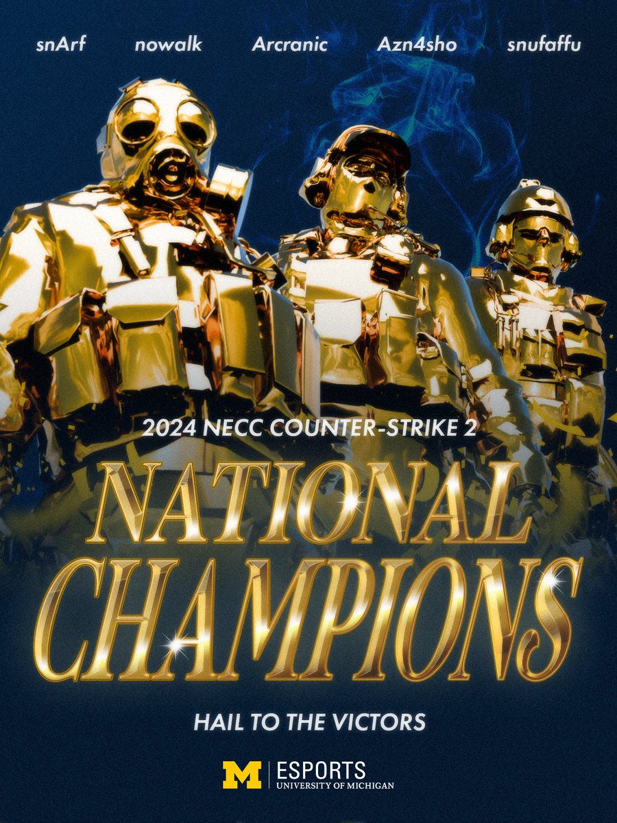 🏆NATIONAL CHAMPIONS🏆
After a hard fought year, Counter-Strike 2 Claims their first National Championship in the NECC, and fifth trophy to end the 23-24 season!

Read more📰: tinyurl.com/CS2-Natty

#esports #GoBlue #Hail #VictorsValiant #nationalchampionship #collegeesports