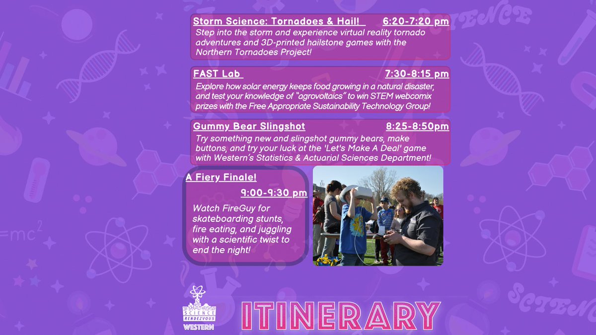 TOMORROW is #SciRenUWO! Are you ready? 🌿🍃

Today's featured event itinerary is for the child interested in sustainability and learning about our planet! 🌎🌅

#uwo #ldnont #westernu #ScienceRendezvous #SciRenUWO #scienceforkids #STEMeducationforkids #londonevents