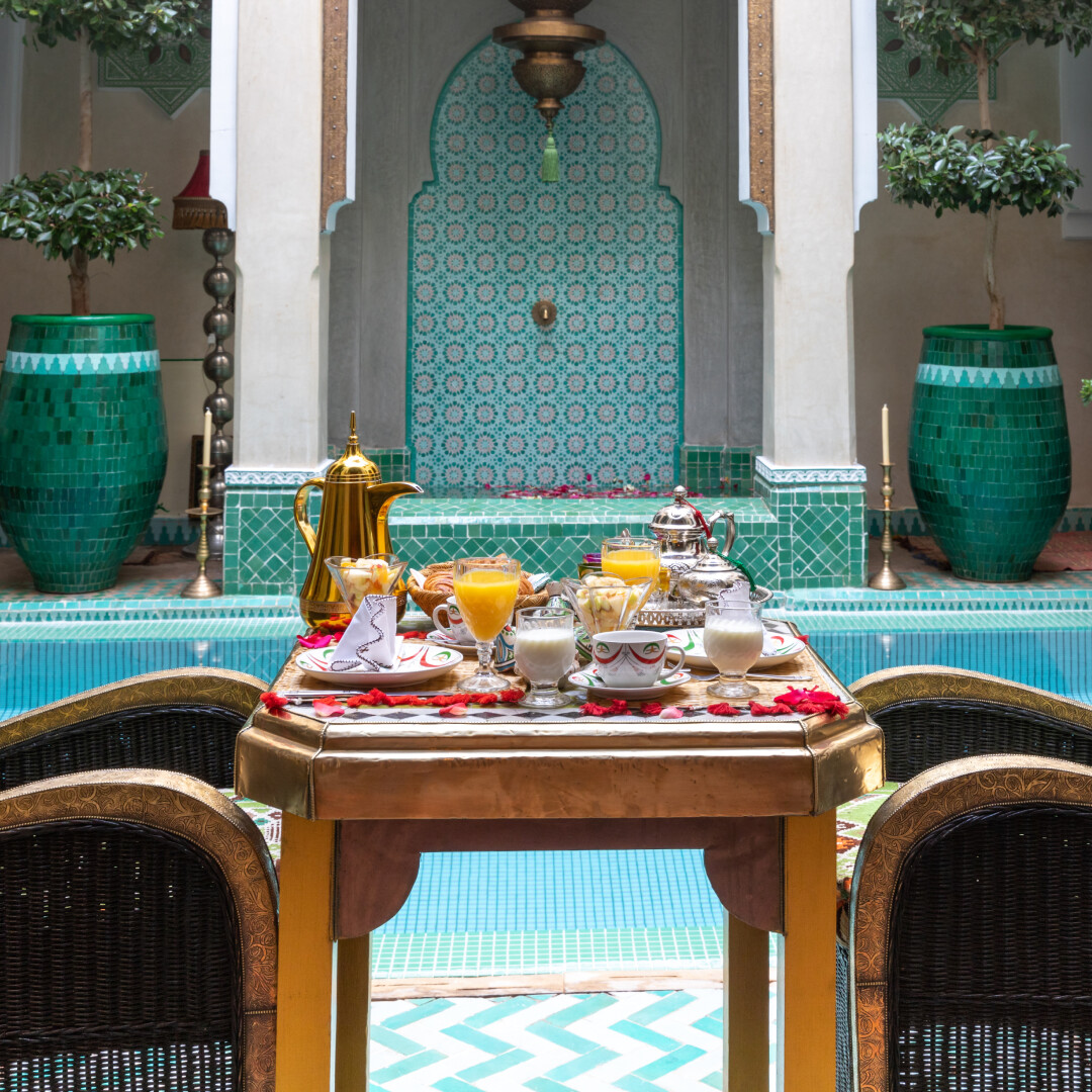 Join us for a traditional Moroccan breakfast at Riad Hikaya's courtyard, where every bite is a taste of Marrakech. #MoroccanInterior #VisitMorocco #MarrakechMedina