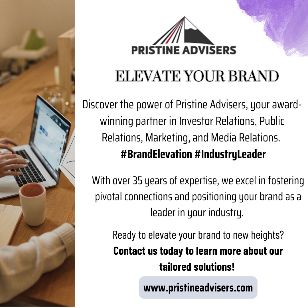 Elevate Your Brand😉
Ask about how my 33+ years of award-winning service can help YOU and YOUR business succeed.

To learn more:
pristineadvisers.com..
#businessgrowthstrategies #marketingstrategytips #businessmastery #publicrelationsfirm #investorrelations