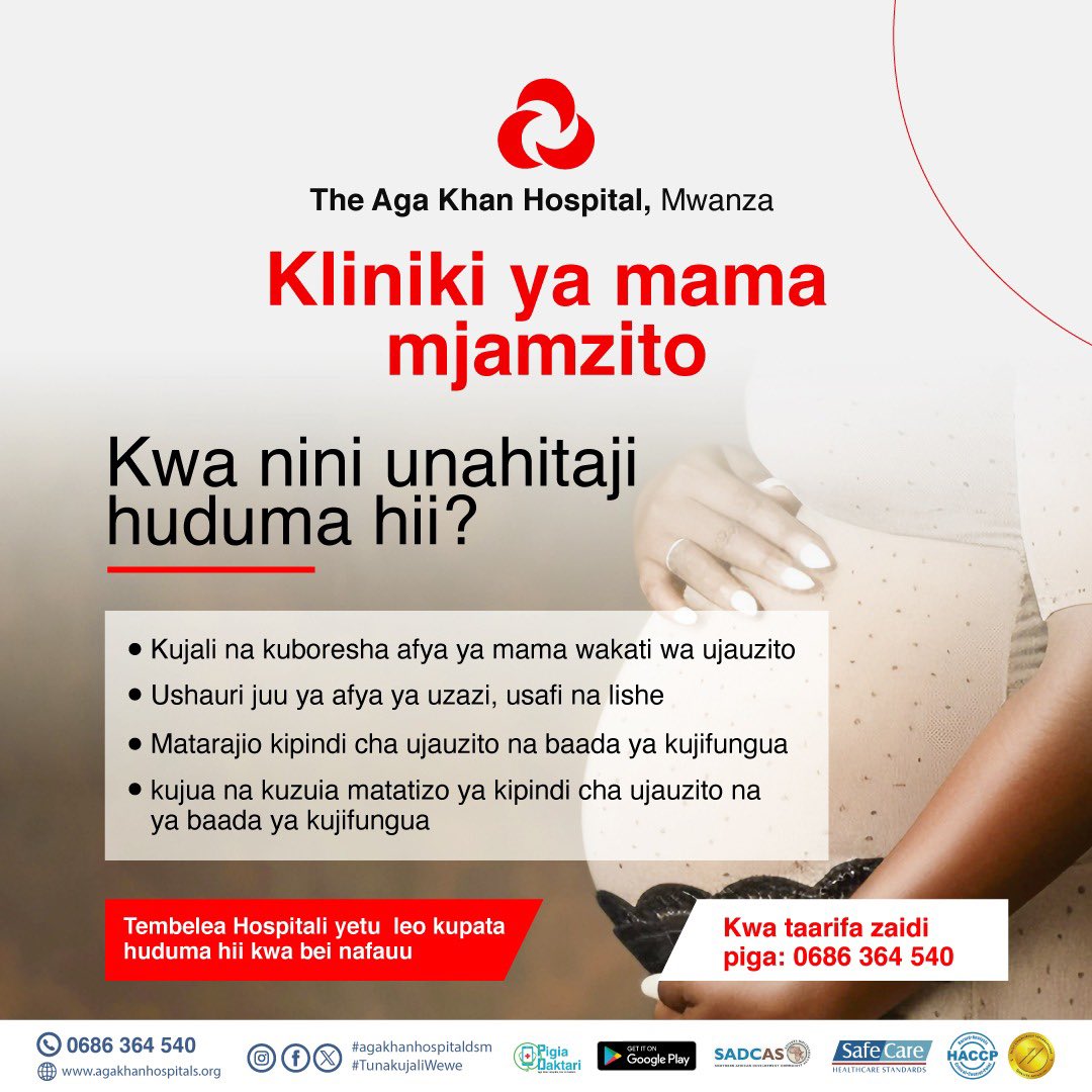 Know about the importance of clinical services for expectant mothers. Inquire now about our special Antenatal Care (ANC) package via 0686 364 540.

#agakhanhospitalmwanza #reproductivehealth #ANC #maternitypackages #maternity #maternalhealth #motherandchild #pregnancy #tanzania