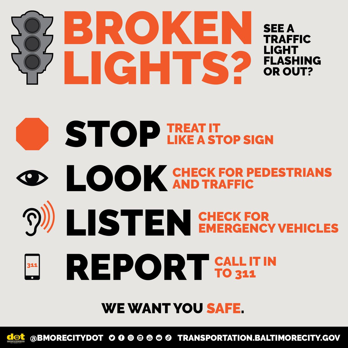 🚦Broken Lights? See a traffic light flashing or out? 🛑 STOP. Treat it like a stop sign. 👁️ LOOK. Check for pedestrians and traffic. 👂🏾 LISTEN. Check for Emergency Vehicles. 📱 REPORT. Call it in to 311. 🖤 We want you safe.