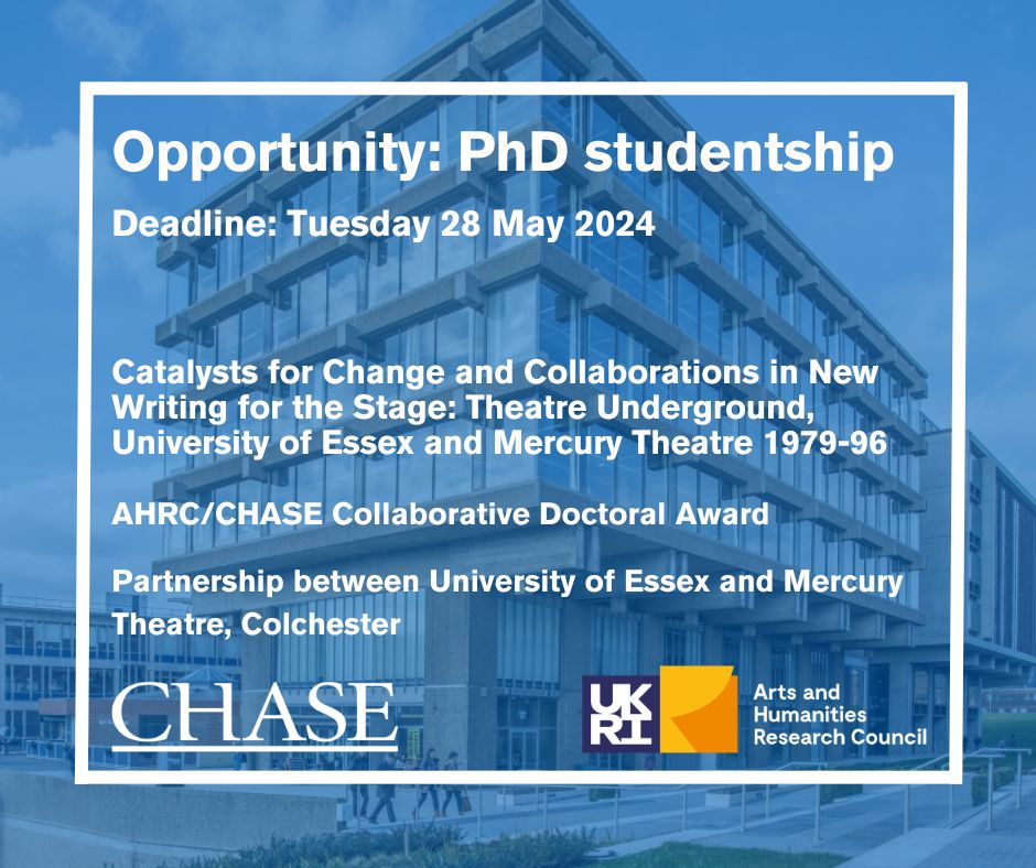 Unique studentship backed by @CHASE_DTP + @ahrcpress Explore Theatre Underground's impact in new ways thanks to partnership with @mercurytheatre Work with @kcatuniessex + @AnnecyLax @LiFTS_at_Essex plus Mercury Creative Director Ryan McBryde. Apply: brnw.ch/21wJEDA