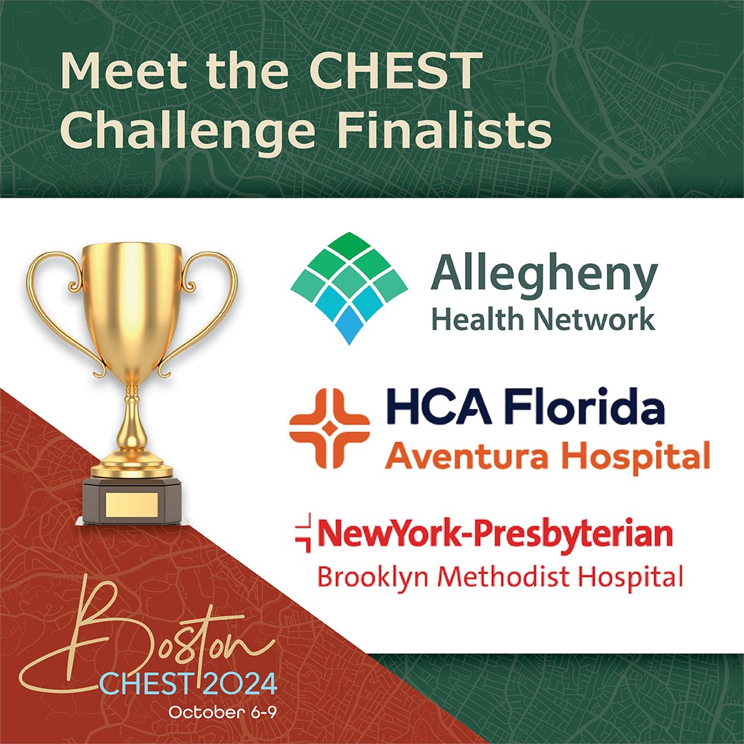 Congrats to our #CHESTChallenge finalists who will be competing at #CHEST2024 in Boston: Allegheny Health Network (@AHNtoday), @HCAFLHealthcare, & NewYork-Presbyterian Brooklyn Methodist Hospital (@nyphospital) We look forward to seeing you in October: hubs.la/Q02wKQdR0