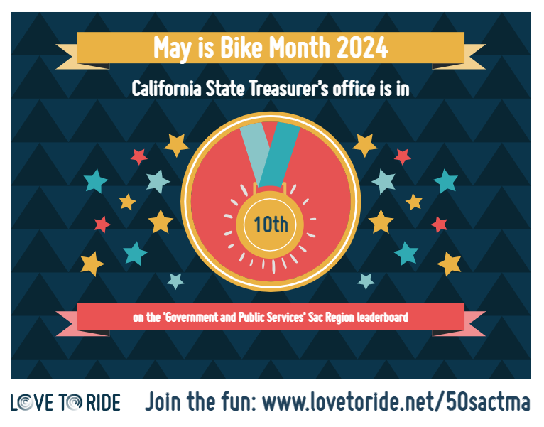 May is Bike Month! We're 10th on the Government and Public Services Sac Region leaderboard. The Treasurer’s Office supports more people riding bikes and experiencing the many benefits of bicycling. Find routes, safety tips & #BikeMonthChallenge events at lovetoride.net.