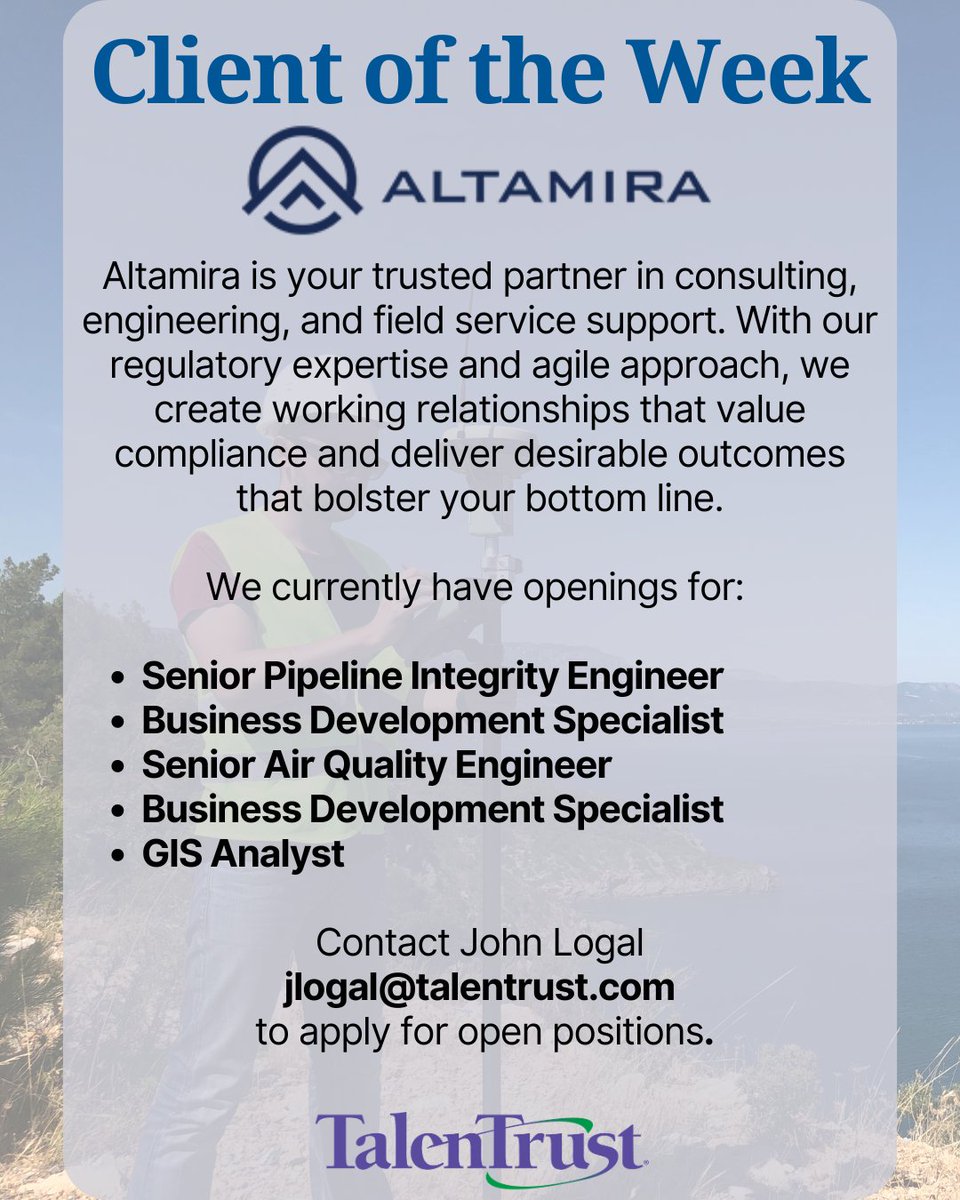 @altamira_us is currently hiring for several positions in Texas and Oklahoma! If you're looking for a new opportunity contact John Logal! 

#JobPost #NowHiring #Job #Hiring #TXJobs #OKJobs #EngineeringJobs #Engineers #FutureOfWork #JobSearch #Altamira #JobSearch