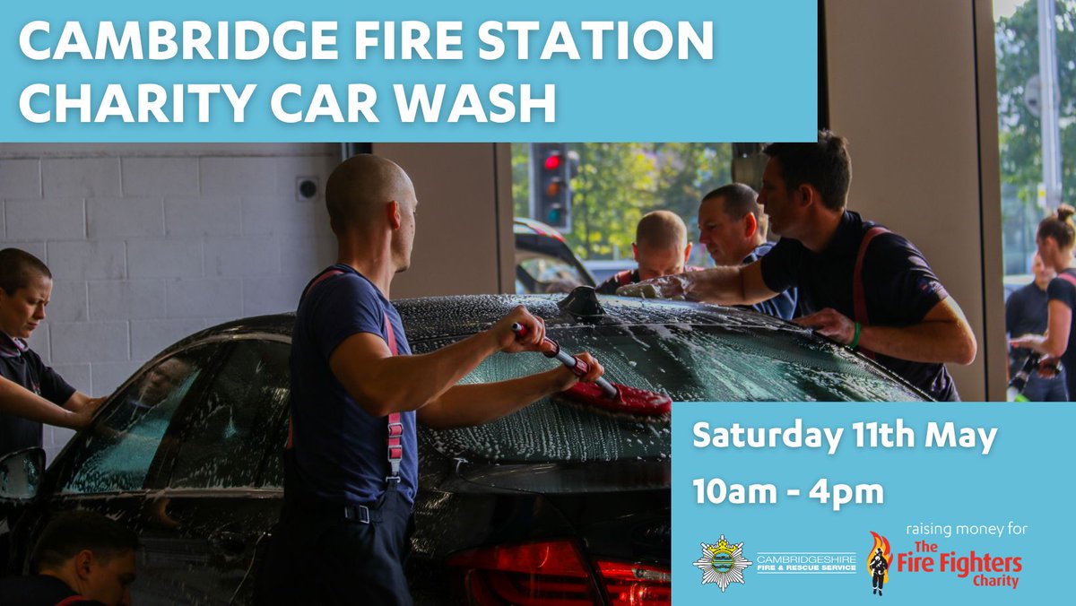 Cambridge Fire Station's charity car wash is taking place tomorrow (May 11th) from 10am until 4pm. 🧽 We'd love to see you there, so come along, help us raise money for @firefighters999, and get your car washed! 🚗 #TeamCambsFire #Charity #CarWash
