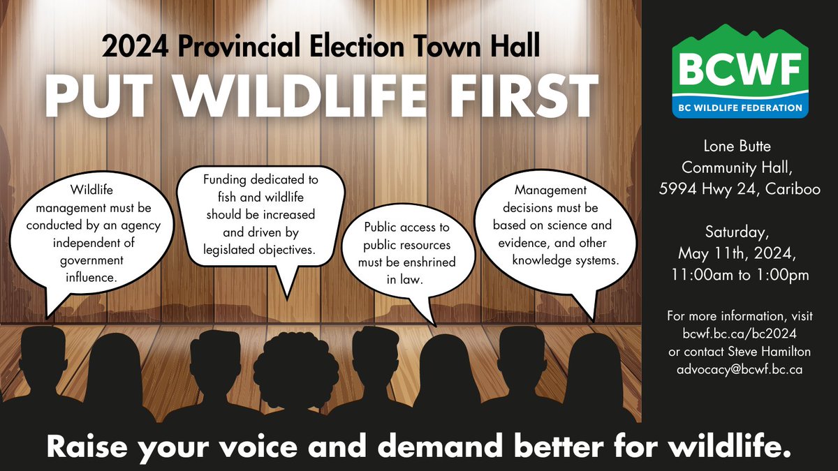 For decades, conservationists have seen the percentage of the provincial budget allocated to fish, wildlife, and habitat decline. Attend our Town Hall in Lone Butte on Saturday, May 11, 2024 and stand up for wildlife. Learn more at bcwf.bc.ca/bc2024/