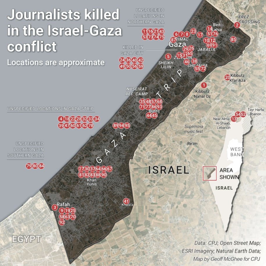 The #Israel-#Gaza war has been the most dangerous conflict for journalists since CPJ started keeping records in 1992. Explore our interactive map of journalists killed in the war to learn more: cpj.org/full-coverage-…