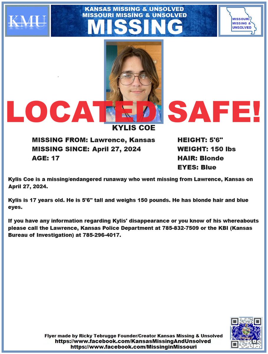 KYLIS HAS BEEN #LOCATED SAFE!!! THANK YOU TO ALL WHO SHARED HIS FLYER!!! #MISSINGPERSON #MISSING @AnnetteLawless #KansasMissing #MissinginKS #Kansas #LawrenceKS