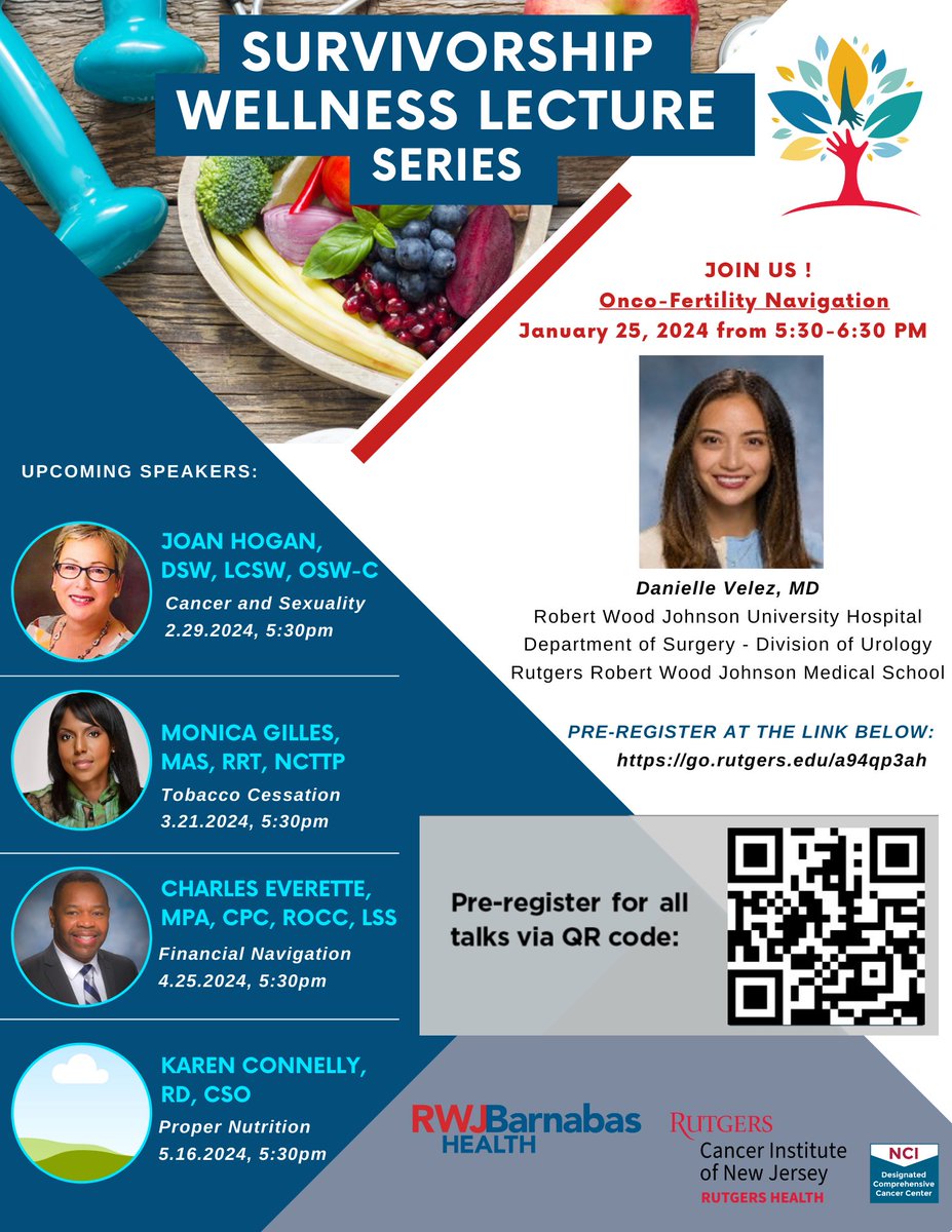 Join us for the Survivorship Wellness Series! @RWJBarnabas's Karen Connelly, RD, CSO will lead 'Proper Nutrition' on 5/16. The series is open to cancer survivors associated with @RutgersCancer programs & their loved ones. cinj.org/patient-care/s…