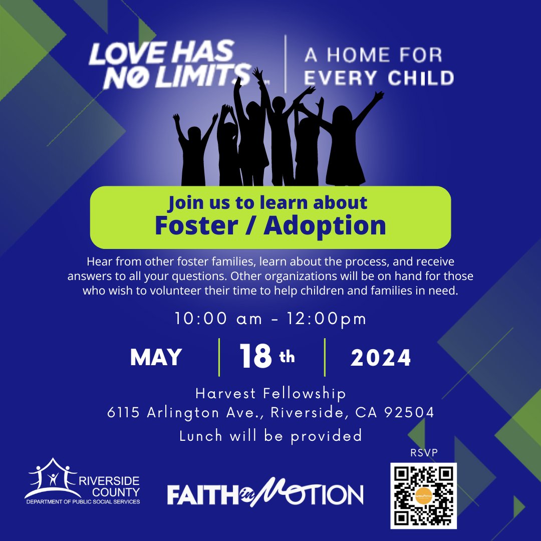 ❤️Join us to learn about foster care and adoption in Riverside County! 🌼 We'll be gathering on Saturday, May 18, from 10 a.m. to noon at @harvestriv. Reserve your FREE spot here: bit.ly/FosterRiverside. Let's make a difference together!👨‍👩‍👧‍👦 #RivCoDPSS #FosterCareMonth #RivCoNow