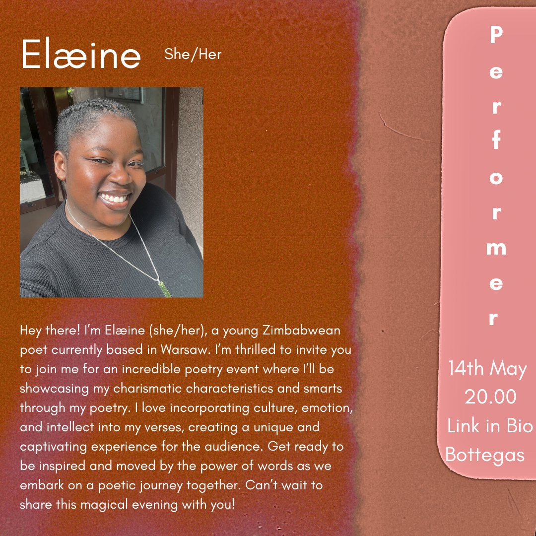 Calling all poetry lovers! 🎉 Our next incredible performer is Elæne ! 

Join us for an enchanting evening filled with rhythmic verses and soul-stirring words at our upcoming poetry event. 🌙🎶 

#PoetryNight #EmbraceTheMagic #WordsThatInspire