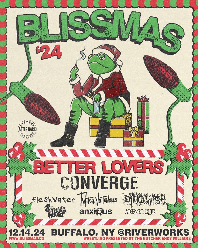 AfterDarkEvents's tweet photo. Full Lineup Announced! BLISSMAS 2024 feat. Better Lovers with special guests Converge, Fleshwater, Twitching Tongues, Dying Wish, Teenage Wrist, Anxious, Atomic Rule - December 14th at Buffalo RiverWorks.

Tickets available now: https://t.co/qQwepmK8YZ https://t.co/KeAYk4wVNh