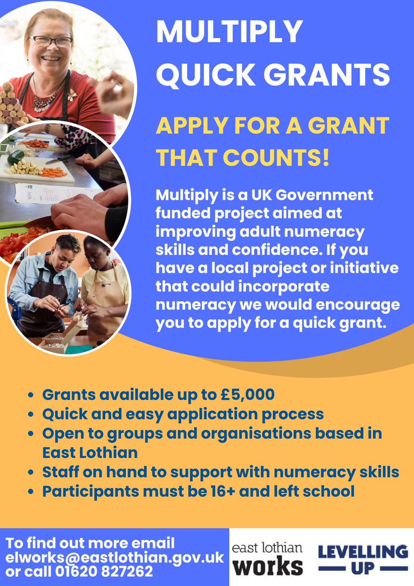 We are happy to announce that our Multiply Quick Grants are now open for applications. Local community groups and organisations are encouraged to apply.
If you would like more information please email elworks@eastlothian.gov.uk or call us on 01620 827262.