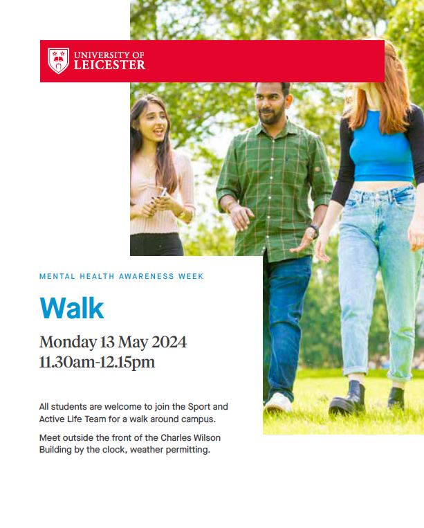 Student Support Services - University of Leicester (@uolsupport) on Twitter photo At the start of Mental Health Awareness Week, join <a href="/UOL_Sport/">University of Leicester Sport and Active Life</a> for a walk around the University 🚶🌳 #MomentsForMovement
📅Monday 13th May
🕚11.30am – 12.15pm
📍Meet at the front of the Charles Wilson Building by the clock At the start of Mental Health Awareness Week, join <a href="/UOL_Sport/">University of Leicester Sport and Active Life</a> for a walk around the University 🚶🌳 #MomentsForMovement
📅Monday 13th May
🕚11.30am – 12.15pm
📍Meet at the front of the Charles Wilson Building by the clock
