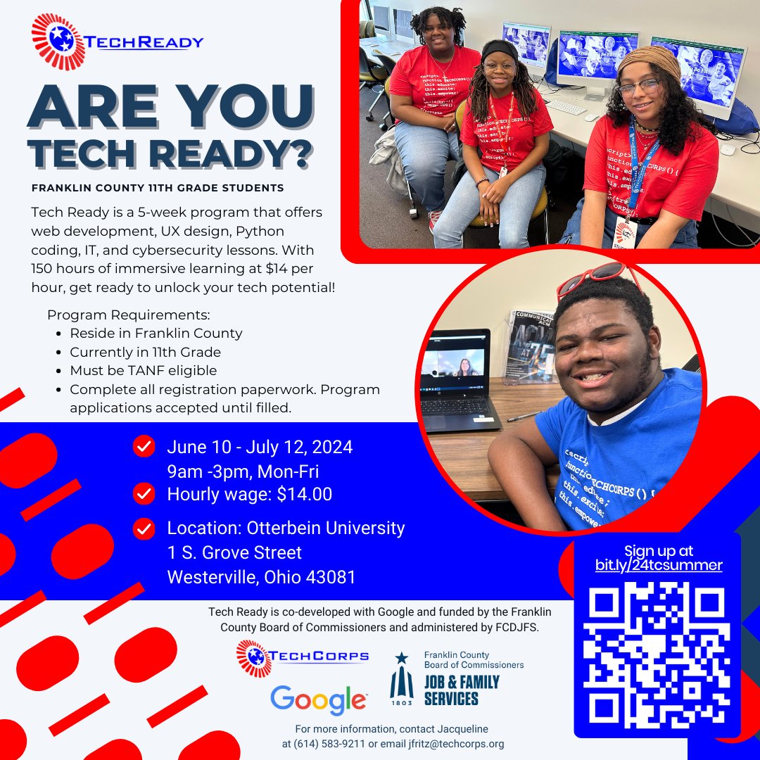 Franklin County 11th-grade students will learn programming, IT, and cyber security and earn $14/hour from June 10 to July 12 at @Otterbein University in Westerville. Sign up at bit.ly/24tcsummer. @FranklinCoOhio @FranklinCoJFS #workforcedevelopment #WorkBasedLearning #WBL