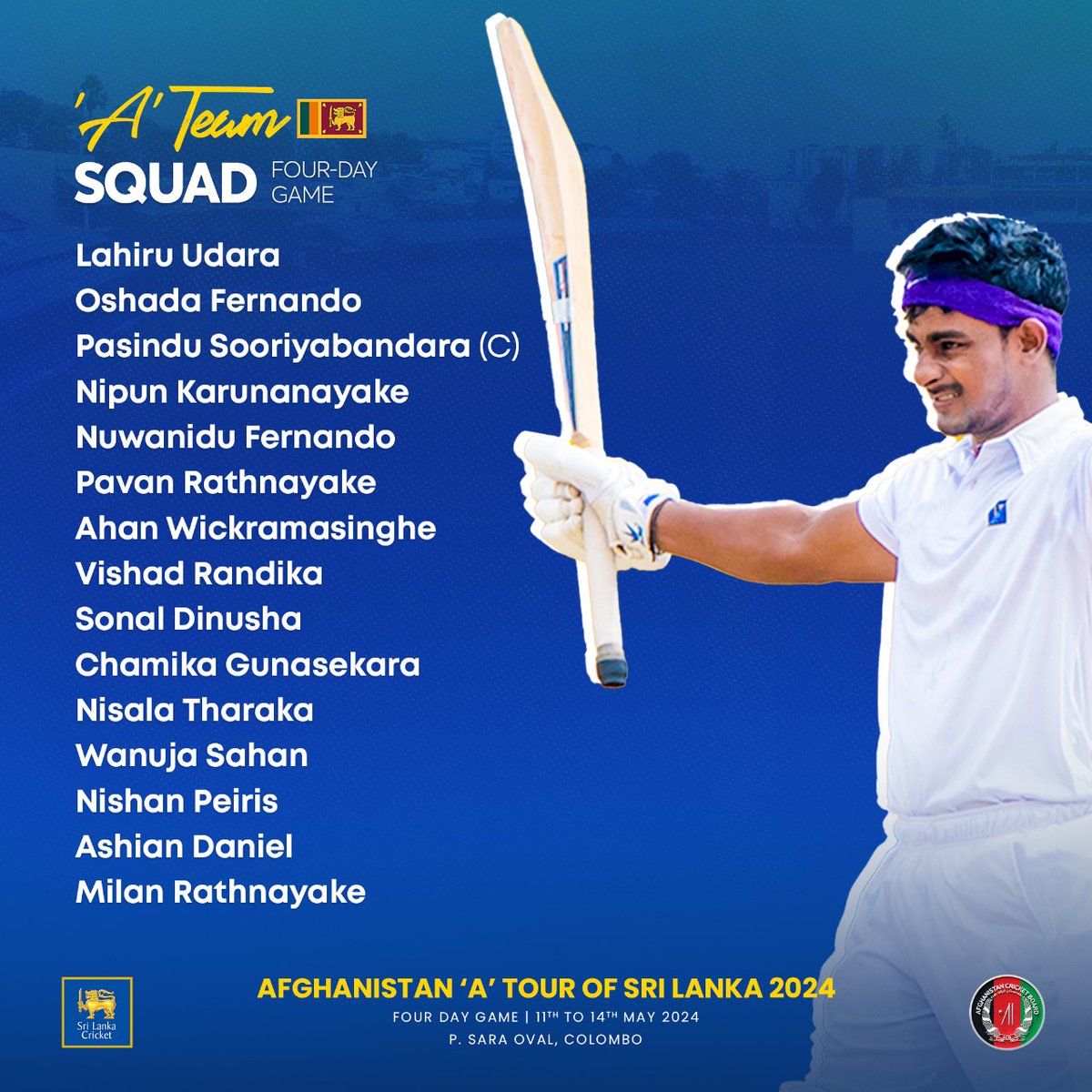 The Cricket Selection Committee selected the following 15-member Sri Lanka ‘A’ team to take part in the four-day game against Afghanistan ‘A’ team. #SLATeam #SLvAFG