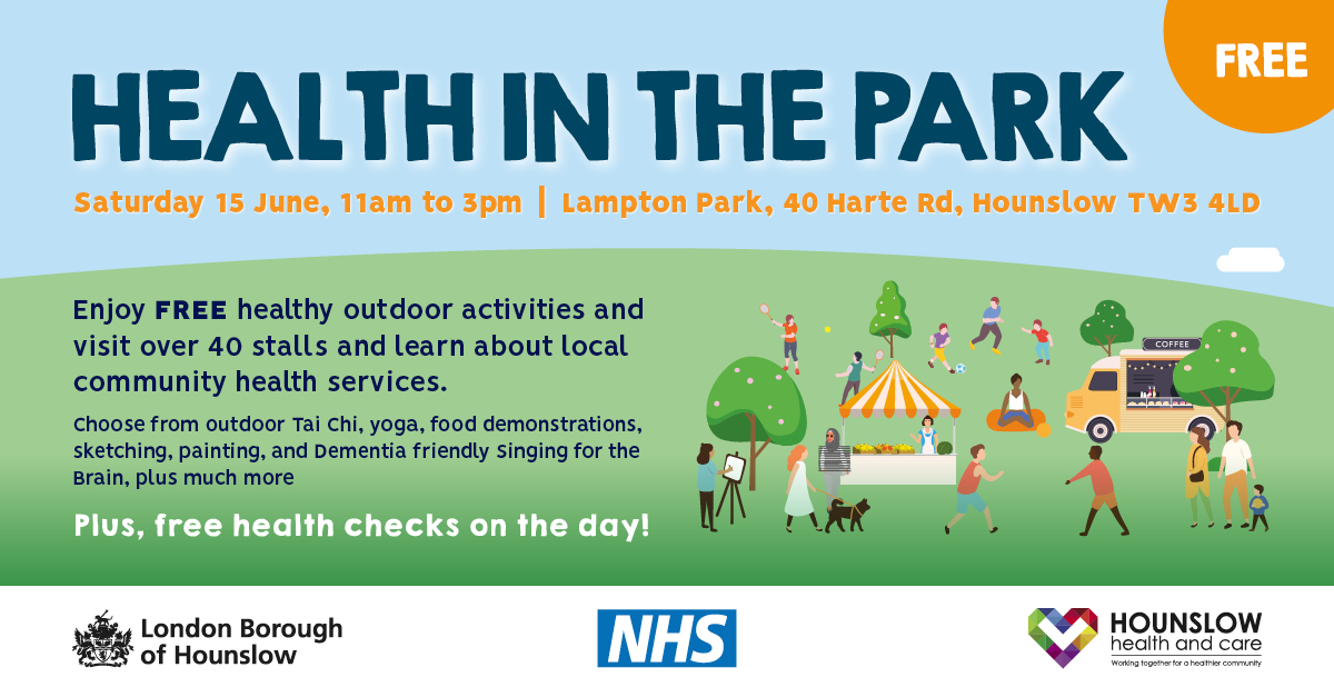 Health in The Park is back! Chat to health services in the park and enjoy a range of FREE healthy activities. . Free Health Checks will also be on offer during the day, and you will be able to chat with health professionals and support services. healthyhounslow.co.uk/HealthInThePar…