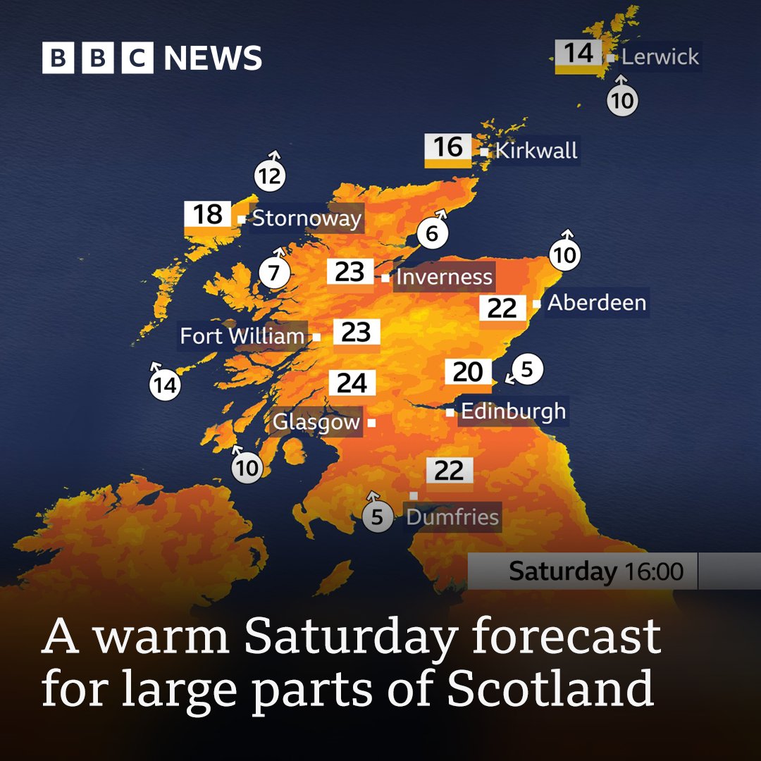 It will be a warm Saturday for large parts of Scotland this weekend, with temperatures reaching 23 and 24 Celsius in some parts Full forecast ➡️ bbc.in/4agABsU