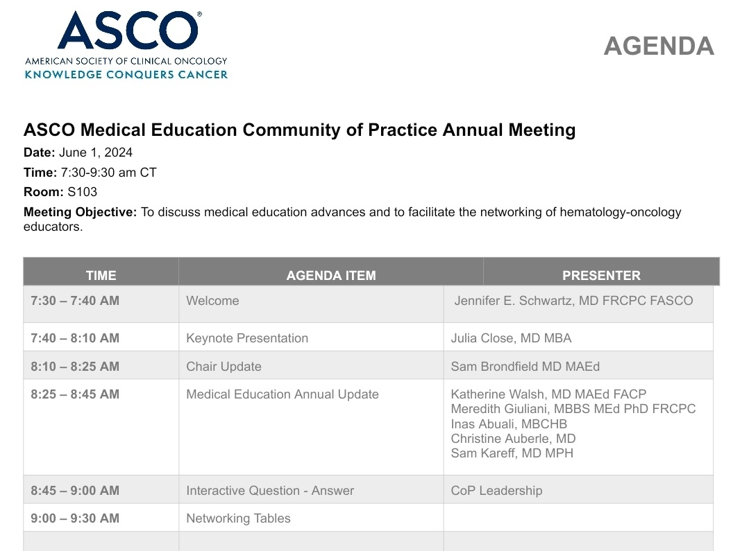Super pumped to share details for our MedEd CoP #ASCO24 Annual Meeting session. June 1, 7:30-9:30am! 🥁 Featuring Keynote Address by the incomparable @JuliaLClose, updates on collaboration initiatives from our #Scholarship committee, and #MedEd networking! Full agenda below 👇