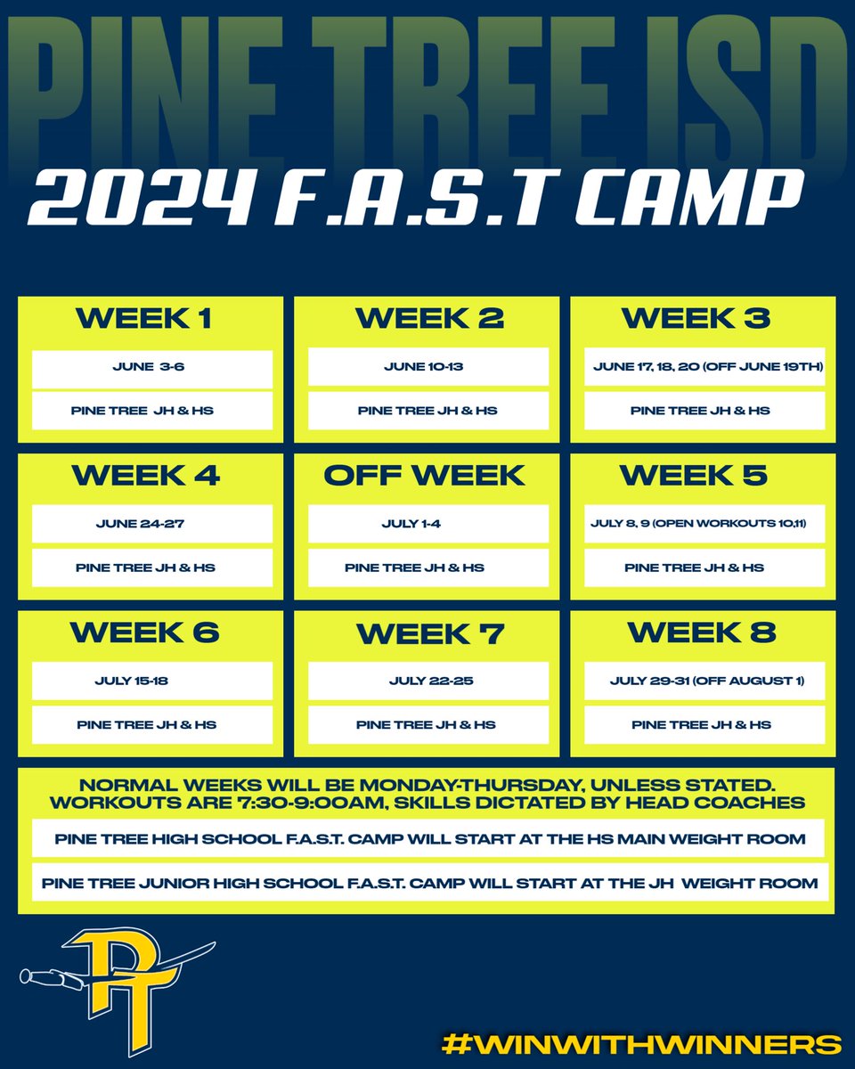 F.A.S.T. Camp Dates and Times are now up! Looking forward to a great Summer! This is for all incoming 7-12th grade athletes! @PTISDAthletics @J_Jacob_Holder @JasonBachman10 @PTISDPirates #WinWithWinners #ALLIN