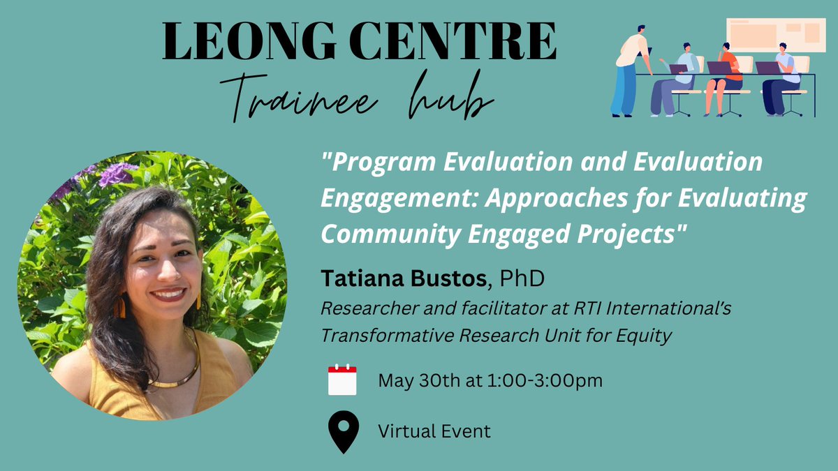 Edwin S.H. Leong Centre for Healthy Children (@leongcentre) on Twitter photo 📣May 30: Dr. Tatiana Bustos from <a href="/RTI_Intl/">RTI International</a> will be joining the <a href="/LeongCentre/">Edwin S.H. Leong Centre for Healthy Children</a> Trainee Hub for an interactive workshop on embedding #communityengagement in different #evaluation approaches 🗒️
Read more and register: leongcentre.utoronto.ca/event/trainee-… 📣May 30: Dr. Tatiana Bustos from <a href="/RTI_Intl/">RTI International</a> will be joining the <a href="/LeongCentre/">Edwin S.H. Leong Centre for Healthy Children</a> Trainee Hub for an interactive workshop on embedding #communityengagement in different #evaluation approaches 🗒️
Read more and register: leongcentre.utoronto.ca/event/trainee-…