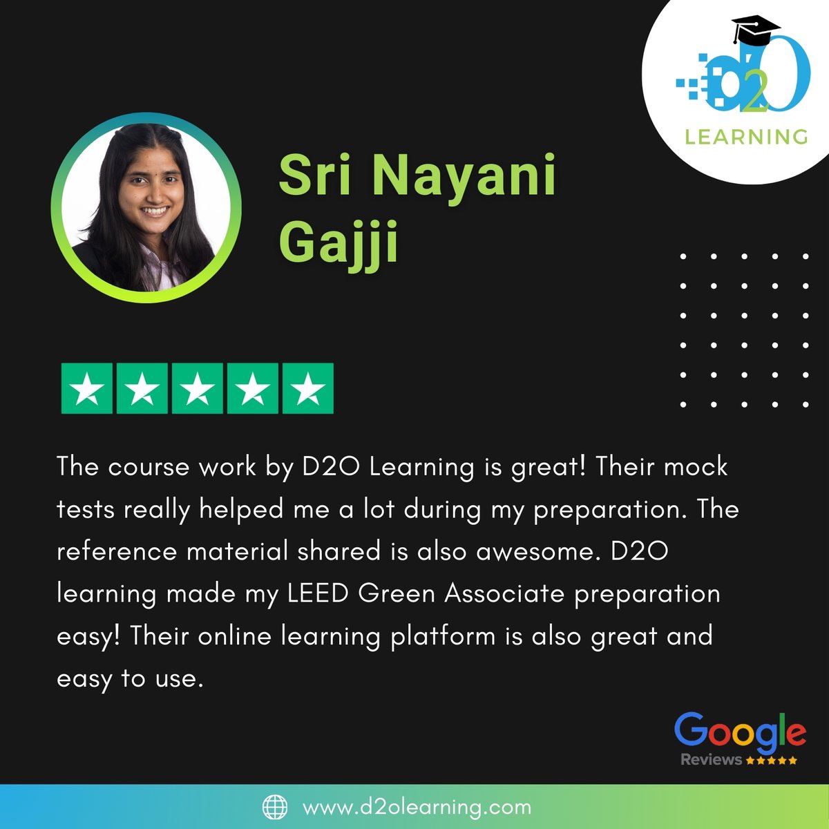 D2OLearning's tweet image. #FeedbackFriday 

🌟 Congratulations, Sri Nayani Gajji, on successfully passing the LEED GA exam! 🎉

We&apos;re absolutely thrilled to hear about your success and so proud to have been a part of your journey! ✨

🔗 Check out our storefront:  lnkd.in/g_q3MBHB

#D2OScholar