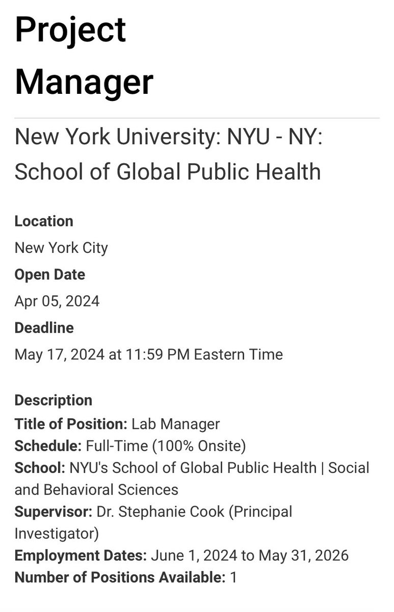 🚨 JOB OPPORTUNITY! 🚨

Have experience managing R01 grants? Interested in intersectionality and health? Come join us at the Attachment and Health Disparities Lab at NYU GPH! We are hiring a FT Project Director/Lab Manager to start June 1st. Details/apply: apply.interfolio.com/144137